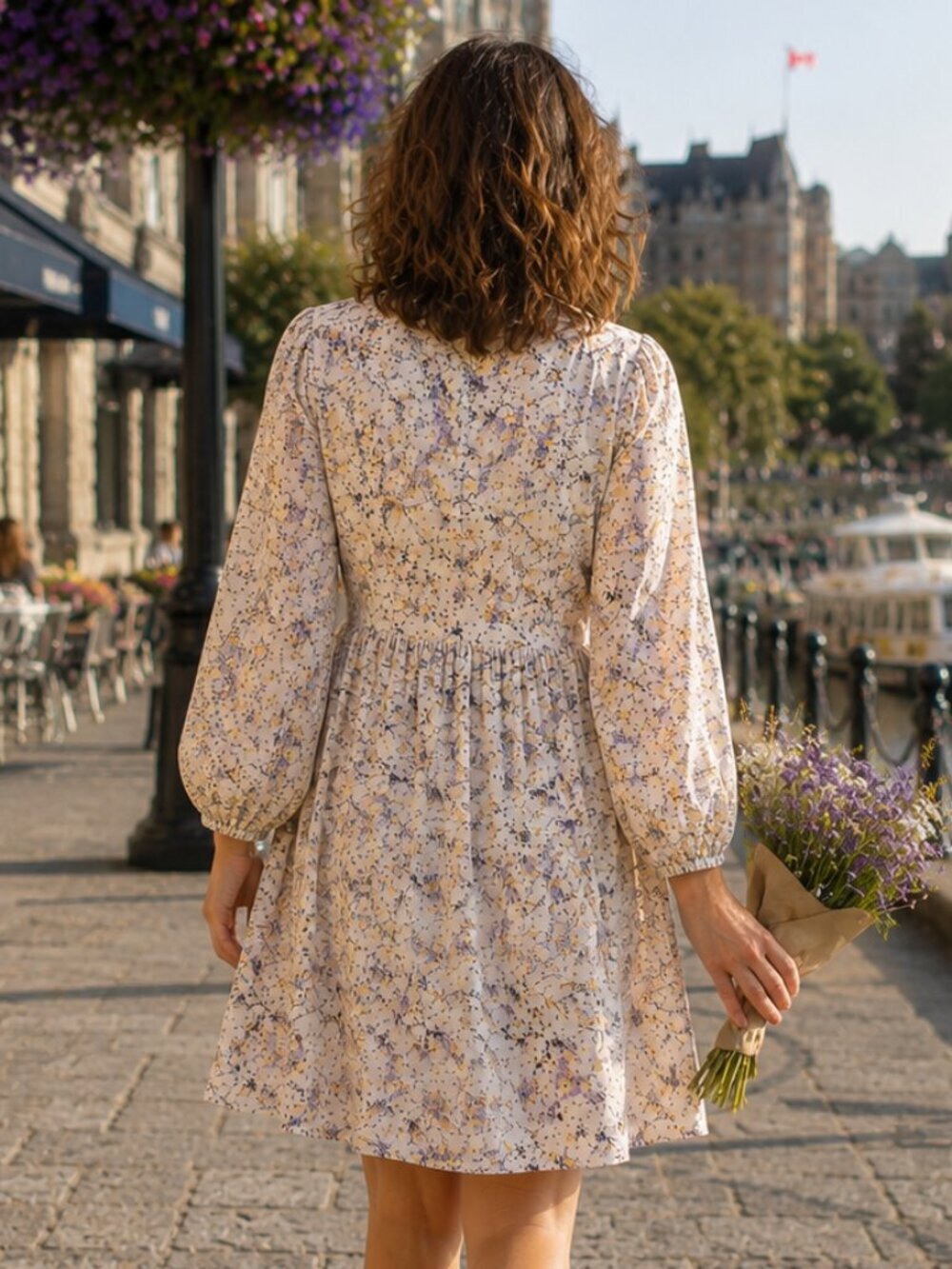 Minimum Floral Long Sleeve Mini Dress Cream Purple V Neck Relaxed Fit Viscose - Picture 3 of 12